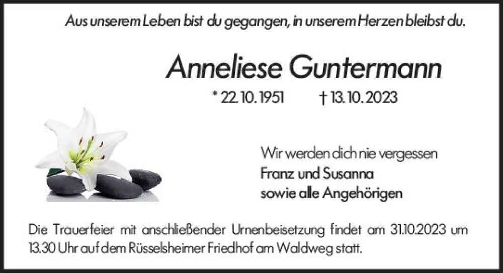  Traueranzeige für Anneliese Guntermann vom 28.10.2023 aus Rüsselsheimer Echo