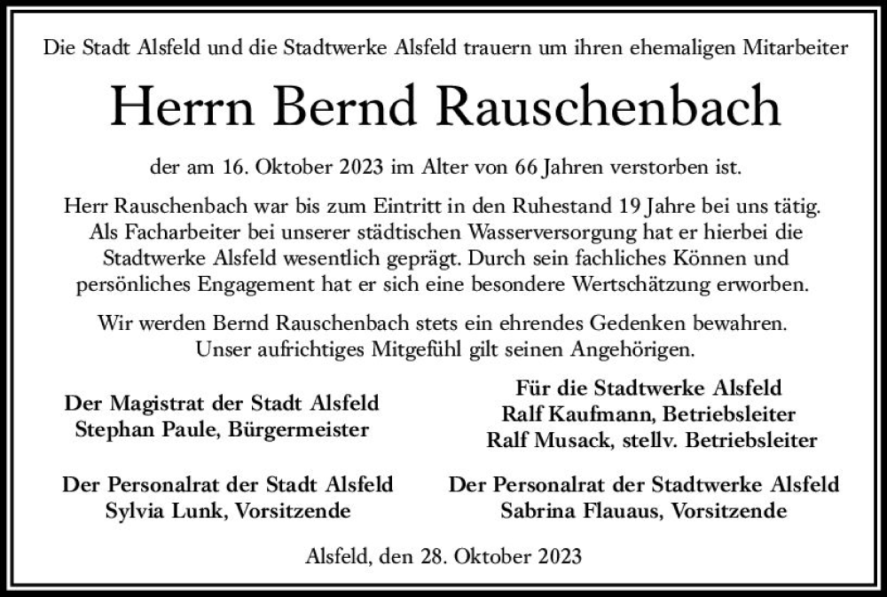  Traueranzeige für Bernd Rauschenbach vom 28.10.2023 aus VRM Trauer