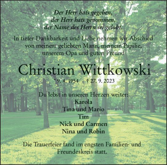 Traueranzeige von Christian Wittkowski von Wetzlarer Neue Zeitung