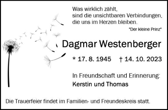 Traueranzeige von Dagmar Westenberger von Allgemeine Zeitung Mainz