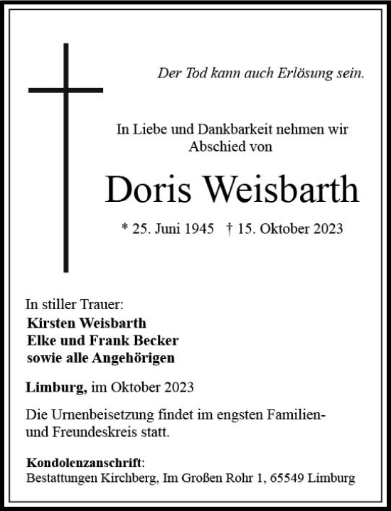 Traueranzeige von Doris Weisbarth von Nassauische Neue Presse