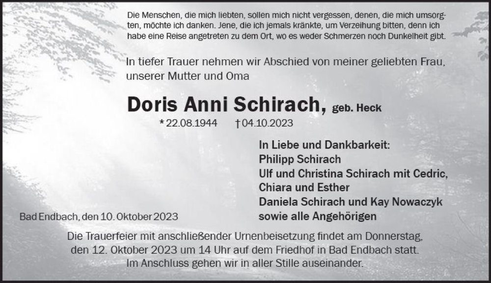  Traueranzeige für Doris Anni Schirach vom 10.10.2023 aus Hinterländer Anzeiger