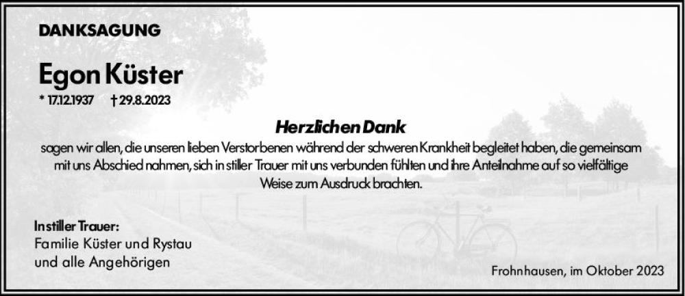  Traueranzeige für Egon Küster vom 07.10.2023 aus Dill Block
