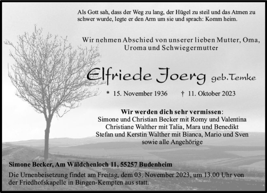 Traueranzeige von Elfriede Joerg von Allgemeine Zeitung Bingen/Ingelheim