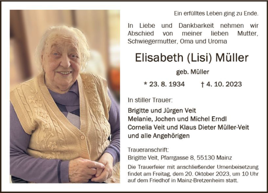 Traueranzeige von Elisabeth  Müller von Allgemeine Zeitung Mainz