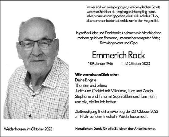 Traueranzeige von Emmerich Rack von Hinterländer Anzeiger