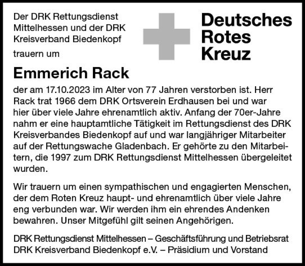  Traueranzeige für Emmerich Rack vom 25.10.2023 aus Hinterländer Anzeiger