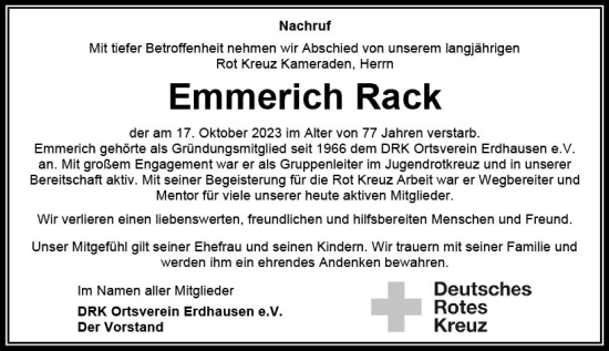 Traueranzeige von Emmerich Rack von Hinterländer Anzeiger