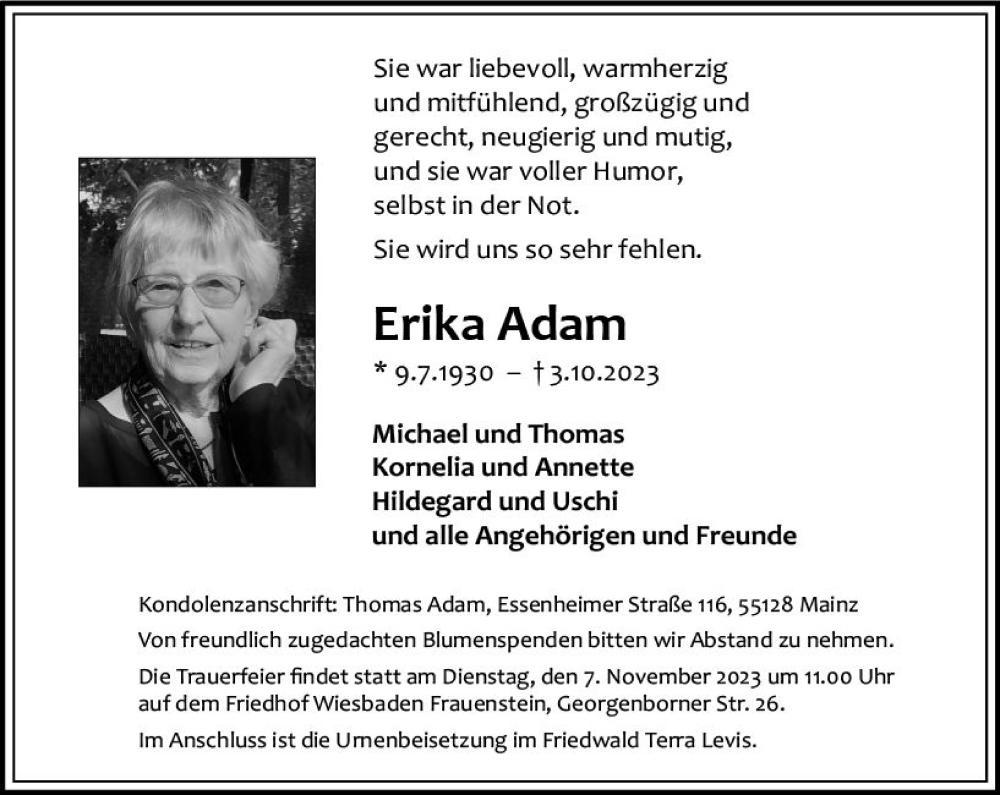 Traueranzeige für Erika Adam vom 28.10.2023 aus Wiesbadener Kurier