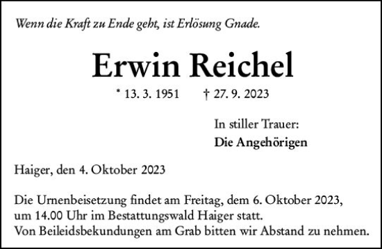 Traueranzeige von Erwin Reichel von Dill Block
