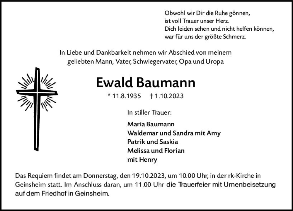  Traueranzeige für Ewald Baumann vom 13.10.2023 aus Groß-Gerauer Echo