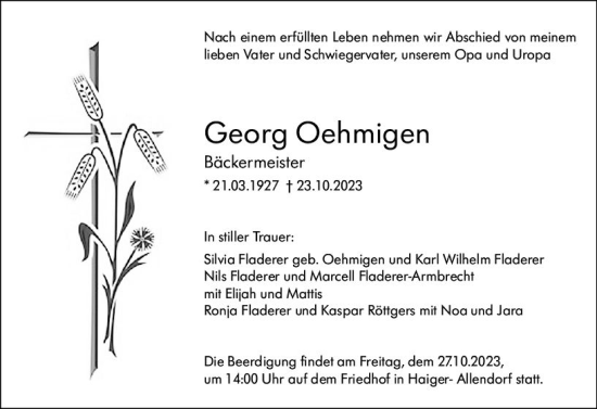 Traueranzeige von Georg Oehmigen von Dill Block