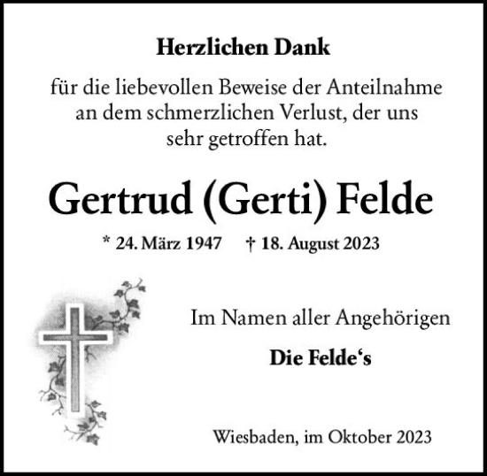 Traueranzeige von Gertrud  Felde von Wiesbadener Kurier
