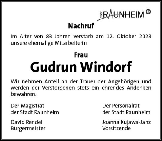 Traueranzeige von Gudrun Windorf von Rüsselsheimer Echo