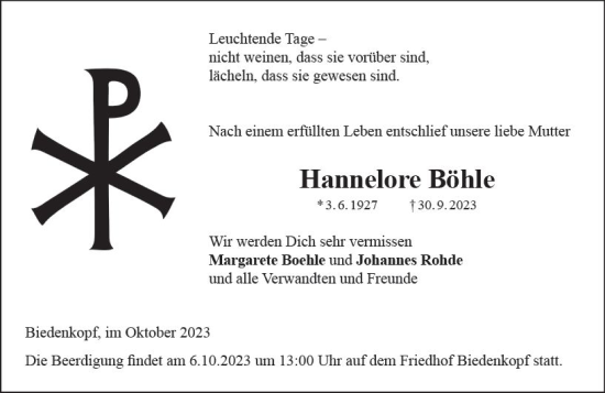 Traueranzeige von Hannelore Böhle von Hinterländer Anzeiger