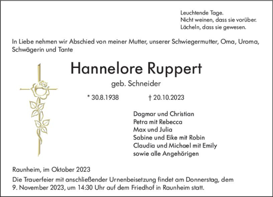 Traueranzeige von Hannelore Ruppert von Rüsselsheimer Echo
