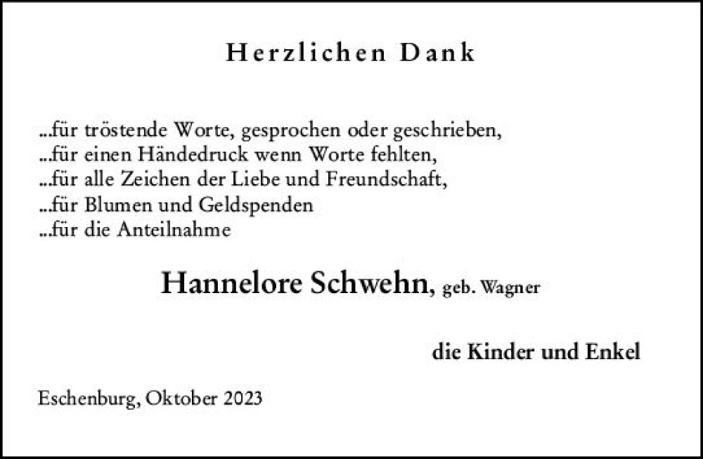  Traueranzeige für Hannelore Schwehn vom 26.10.2023 aus Dill Block