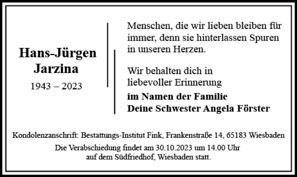  Traueranzeige für Hans-Jürgen Jarzina vom 21.10.2023 aus Wiesbadener Kurier