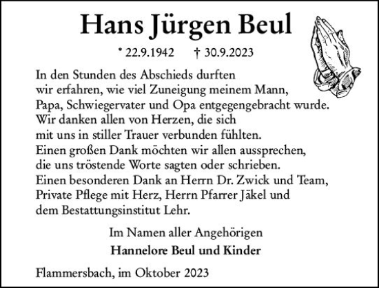 Traueranzeige von Hans Jürgen Beul von Dill Block