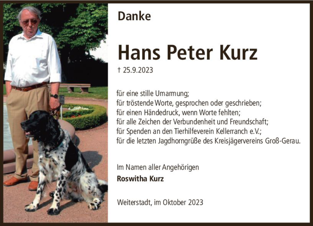  Traueranzeige für Hans Peter Kurz vom 28.10.2023 aus Darmstädter Echo