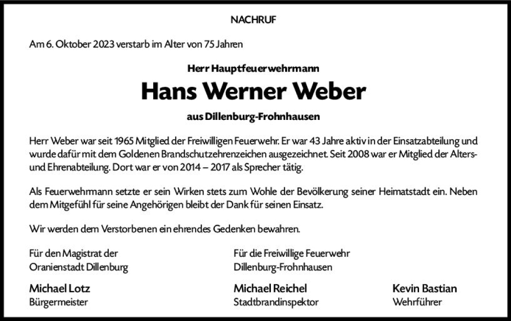  Traueranzeige für Hans Werner Weber vom 14.10.2023 aus Dill Block