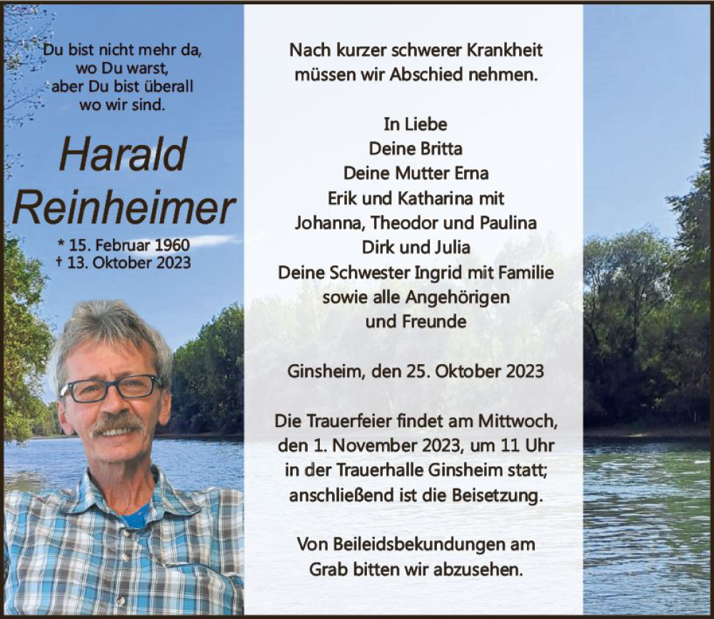  Traueranzeige für Harald Reinheimer vom 25.10.2023 aus Allgemeine Zeitung Mainz