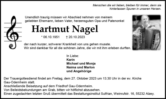 Traueranzeige von Hartmut Nagel von Allgemeine Zeitung Alzey