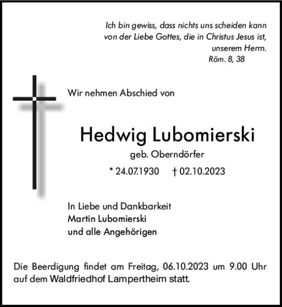 Traueranzeige von Hedwig Lubomierski von Starkenburger Echo