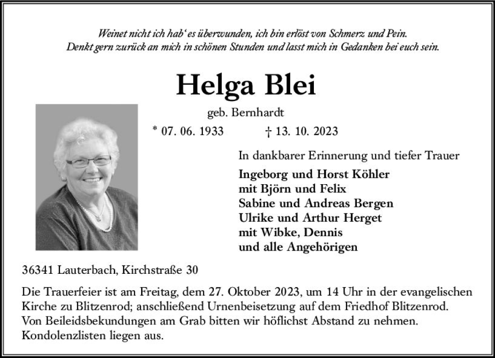  Traueranzeige für Helga Blei vom 23.10.2023 aus VRM Trauer