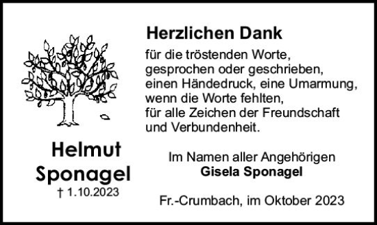 Traueranzeige von Helmut Sponagel von Odenwälder Echo