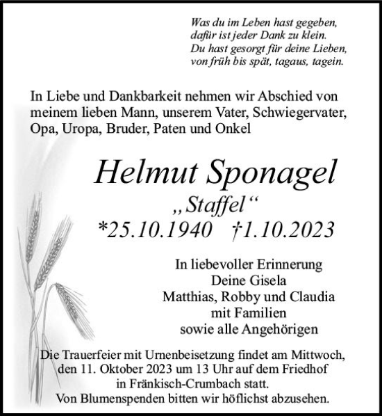 Traueranzeige von Helmut Sponagel von Odenwälder Echo