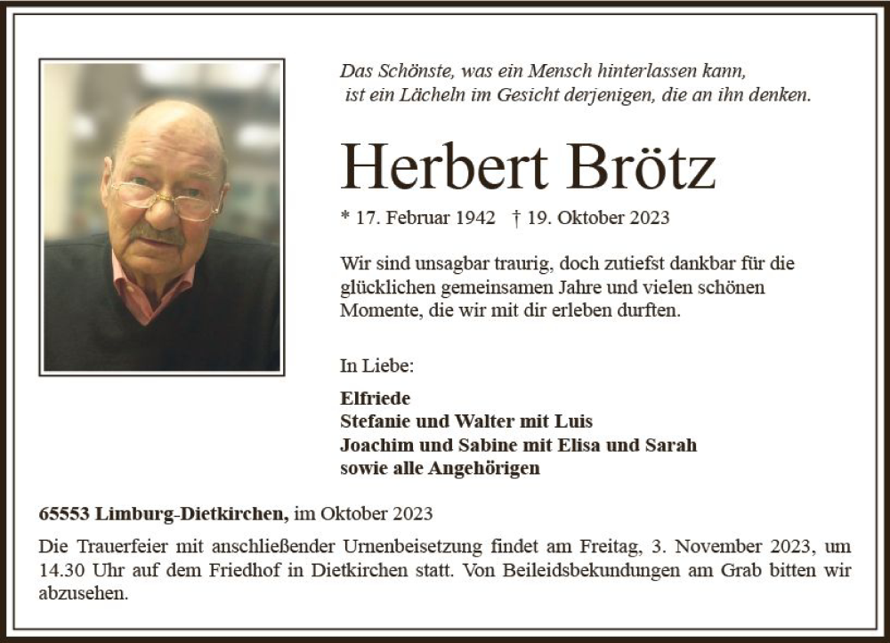  Traueranzeige für Herbert Brötz vom 28.10.2023 aus Nassauische Neue Presse