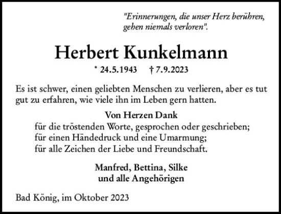 Traueranzeige von Herbert Kunkelmann von Odenwälder Echo