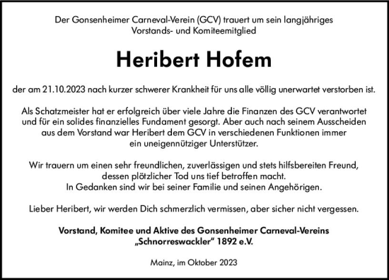 Traueranzeige von Heribert Hofem von Allgemeine Zeitung Mainz