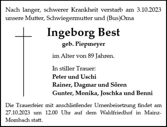 Traueranzeige von Ingeborg Best von Allgemeine Zeitung Mainz