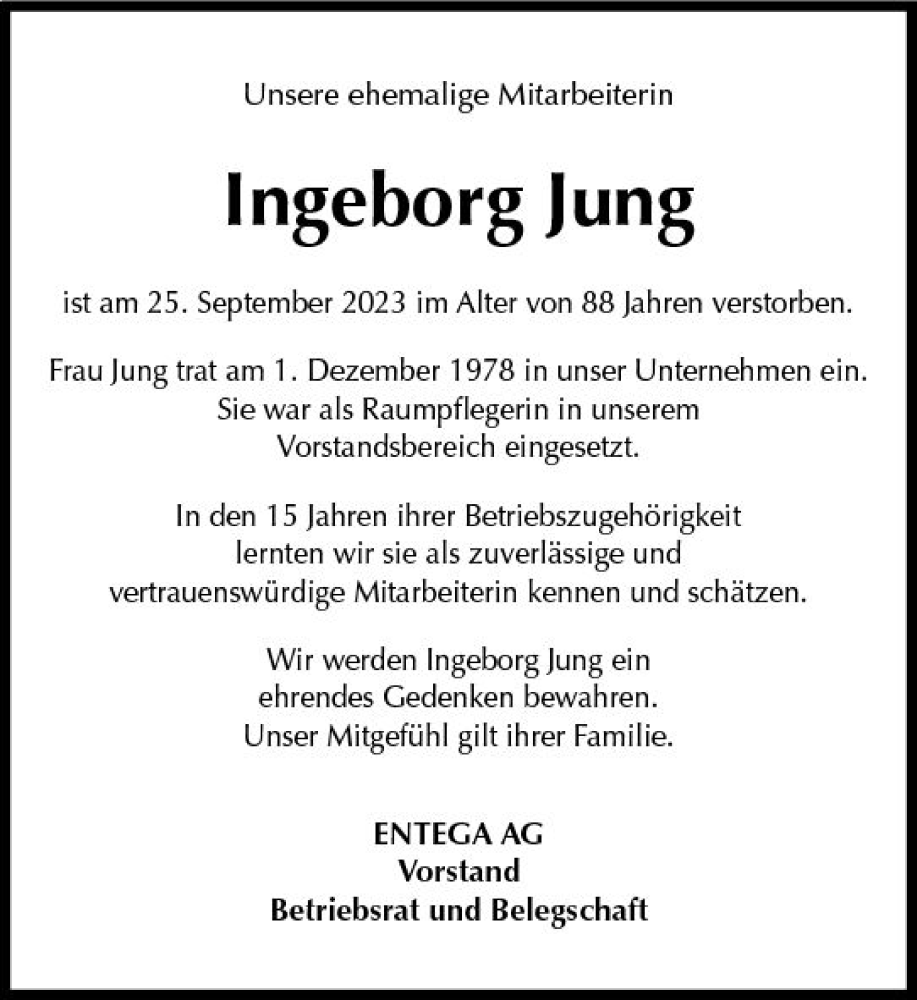  Traueranzeige für Ingeborg Jung vom 21.10.2023 aus Odenwälder Echo