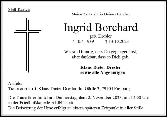 Traueranzeige von Ingrid Borchard von VRM Trauer