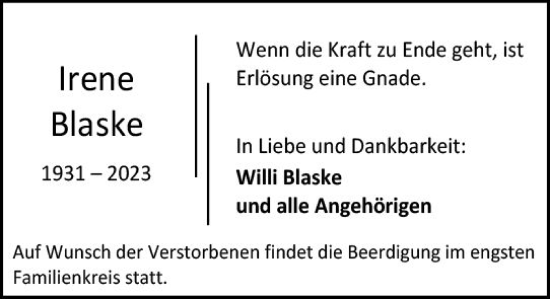 Traueranzeige von Irene Blaske von Allgemeine Zeitung Mainz