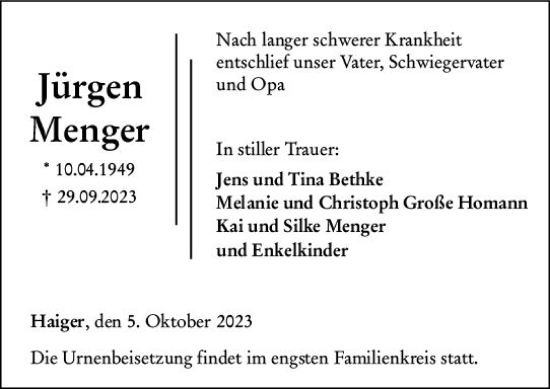 Traueranzeige von Jürgen Menger von Dill Block