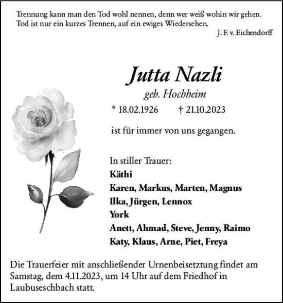 Traueranzeige von Jutta Nazli von Weilburger Tageblatt
