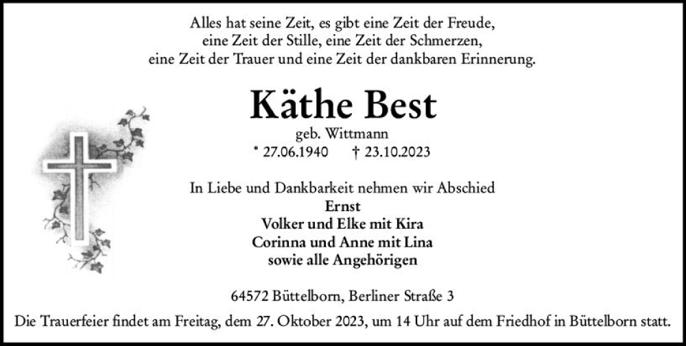  Traueranzeige für Käthe Best vom 25.10.2023 aus Groß-Gerauer Echo
