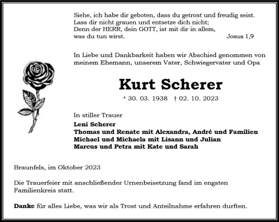 Traueranzeige von Kurt Scherer von Wetzlarer Neue Zeitung