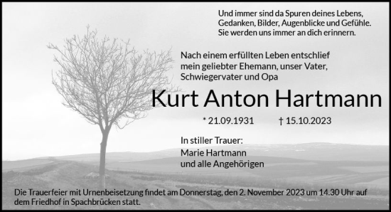 Traueranzeige von Kurt Anton Hartmann von Darmstädter Echo
