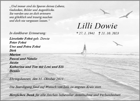 Traueranzeige von Lilli Dowie von Wetzlarer Neue Zeitung