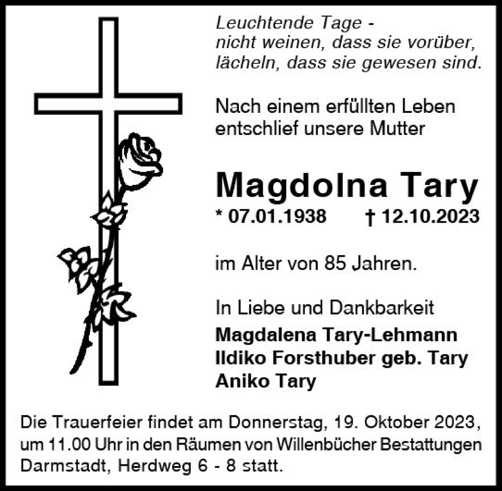  Traueranzeige für Magdolna Tary vom 18.10.2023 aus Darmstädter Echo