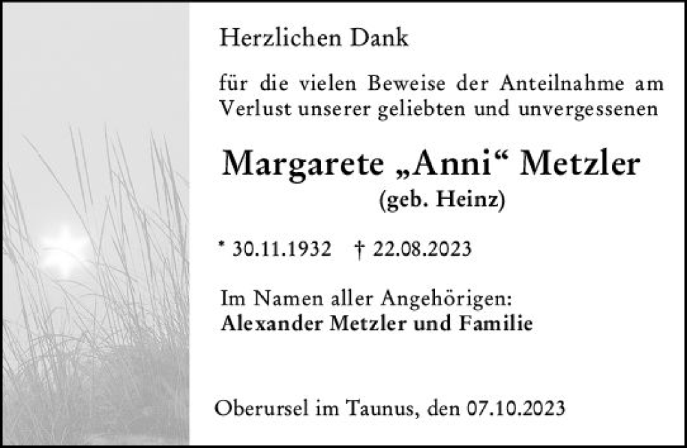  Traueranzeige für Margarete Metzler vom 07.10.2023 aus Darmstädter Echo