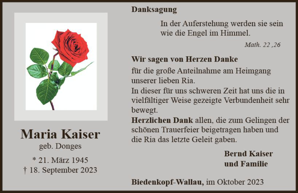  Traueranzeige für Maria Kaiser vom 28.10.2023 aus Hinterländer Anzeiger