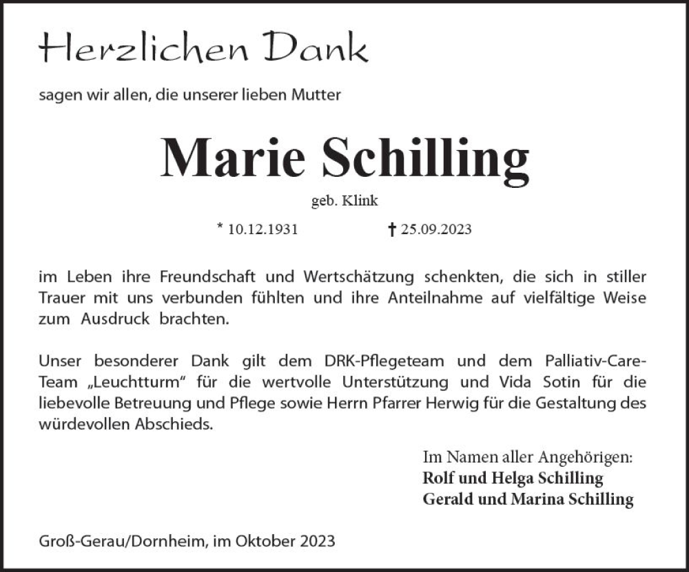  Traueranzeige für Marie Schilling vom 21.10.2023 aus Groß-Gerauer Echo