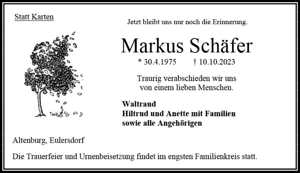  Traueranzeige für Markus Schäfer vom 21.10.2023 aus VRM Trauer