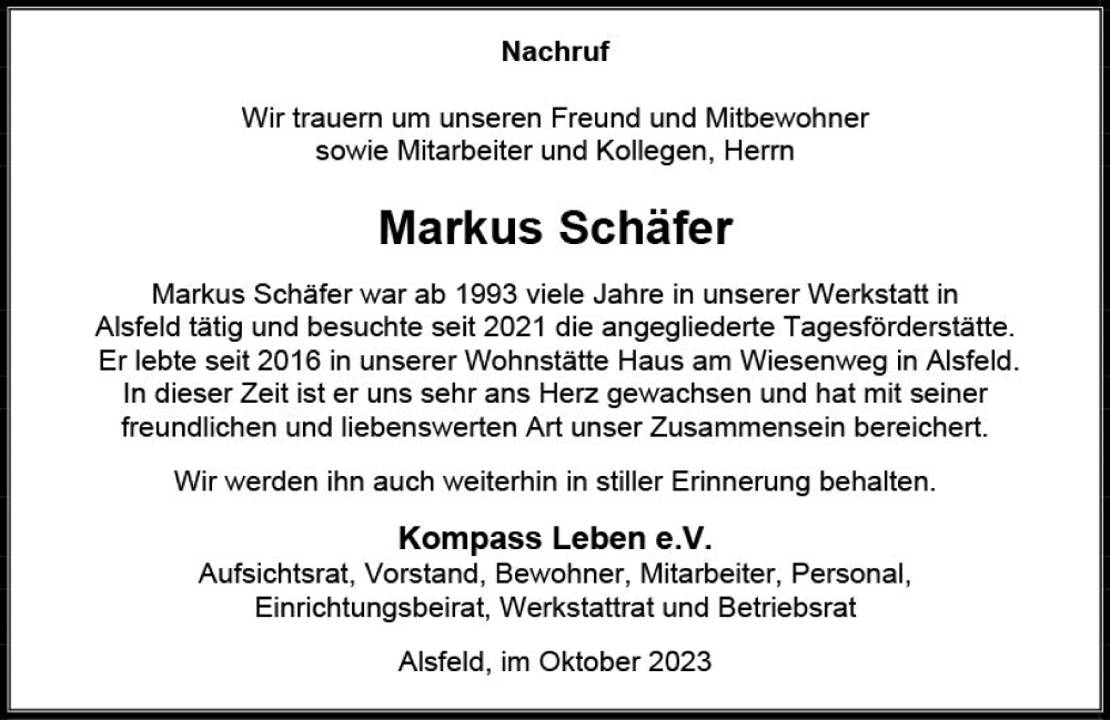  Traueranzeige für Markus Schäfer vom 27.10.2023 aus VRM Trauer